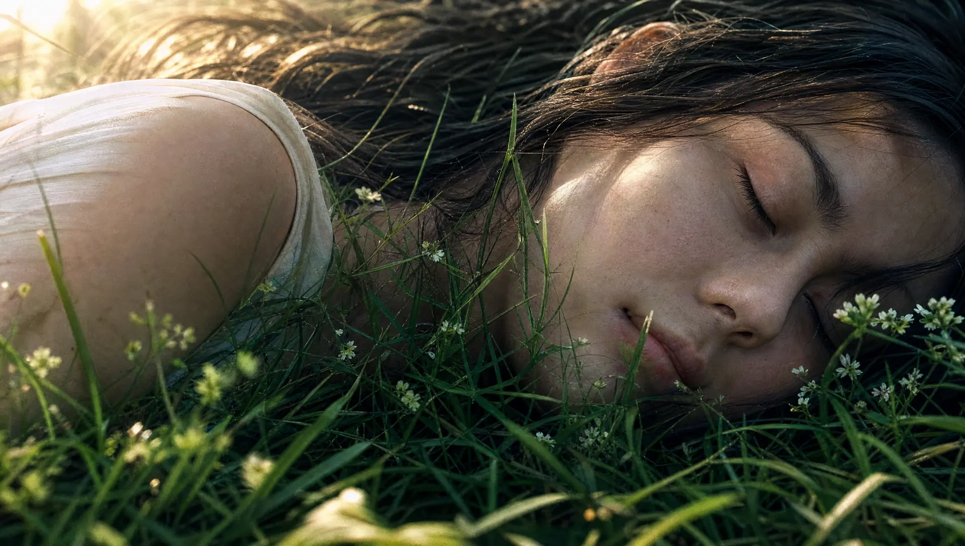 A young woman asleep in tall grass, her dark hair spread through white wildflowers at golden hour.