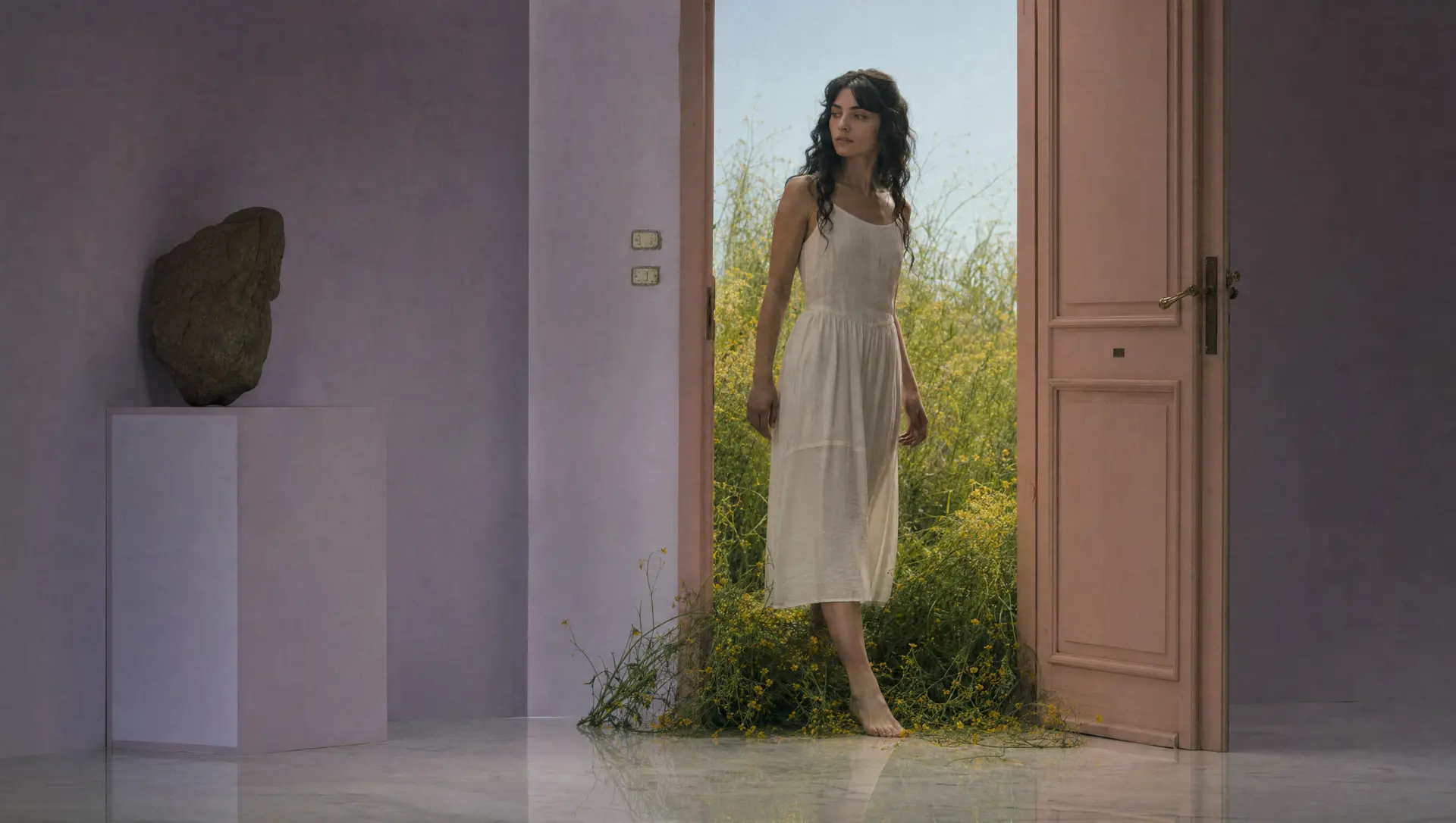 A blush-painted door standing open in a pale lilac room, thick grass and wildflowers spilling over the threshold.
