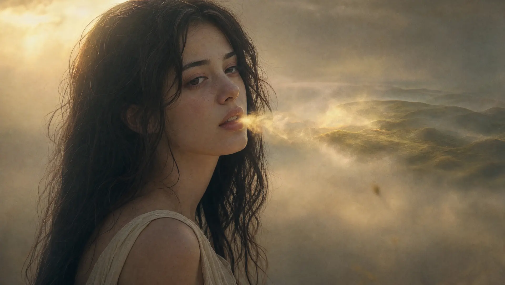 A woman with half-open eyes exhaling a ribbon of gold breath that becomes distant grassy hills.